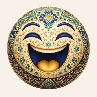 an exaggerated laughing face of an original round mascot character, bold and readable at small size, plain background, no text