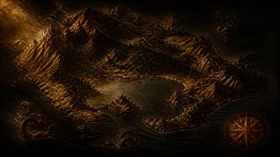 a map of an island realm with mountains, forests, a sheltered bay, sea monsters in the water and a compass rose, no text labels
