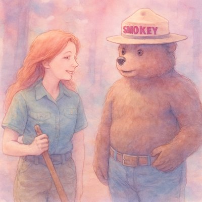 a drawing of a girl standing next to a bear