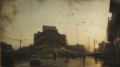 bustling city street panorama at dusk