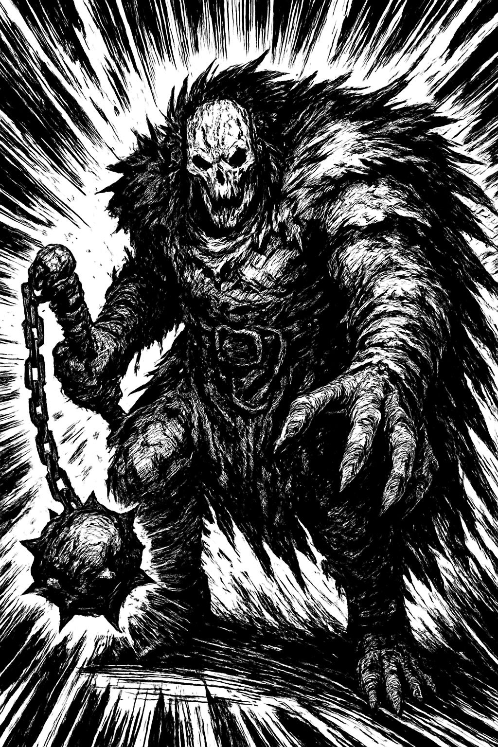 a black and white drawing of a demon holding a chain