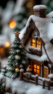 a snow-covered cottage with warm glowing windows beside a decorated pine tree, gentle snowfall, no text