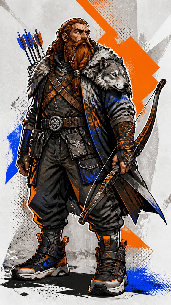 full-body original character: a dwarven ranger with a braided auburn beard, worn leather armor, a longbow and a wolf-pelt cloak, neutral background, no text