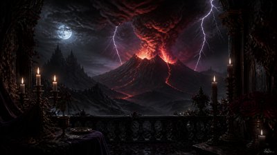 an erupting volcano with lightning strikes, dramatic wide composition, no text