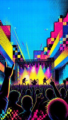 a live music scene with a glowing stage and silhouetted crowd, energetic vertical composition with open space at the top, no text
