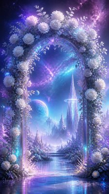 an arch of white roses and eucalyptus in soft morning light, elegant vertical composition with open space, no text