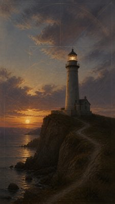 a lone lighthouse on a cliff at dusk under a dramatic sky, no text or lettering