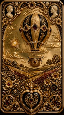 a hot air balloon drifting over rolling flower fields on a sunny day, cheerful, no text