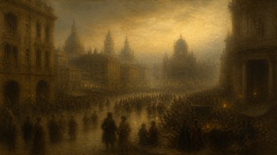 bustling city street panorama at dusk