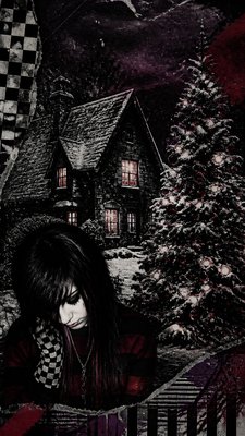 a snow-covered cottage with warm glowing windows beside a decorated pine tree, gentle snowfall, no text