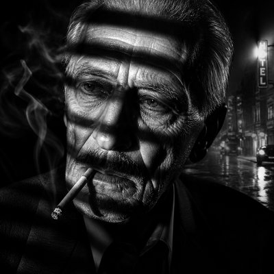 close-up portrait of an elderly person with expressive weathered features