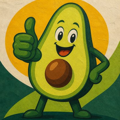 a happy avocado character giving a thumbs up, bold readable design on a plain background, no text