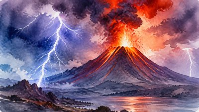 an erupting volcano with lightning strikes, dramatic wide composition, no text