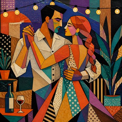 an original couple dancing under string lights in a garden at dusk: a man with short black hair in a linen shirt and a woman with braided red hair in a summer dress