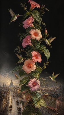 a climbing vine of flowers and hummingbirds on a dark background, tall wrapping composition, no text
