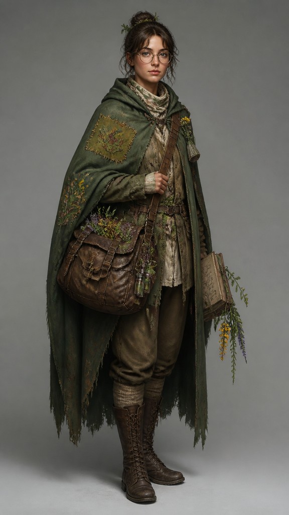 full-body original character: a wandering botanist with a satchel of plants, a patched green cloak, tall boots and round glasses, neutral background