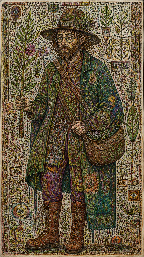 full-body original character: a wandering botanist with a satchel of plants, a patched green cloak, tall boots and round glasses, neutral background
