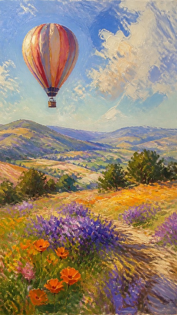 a hot air balloon drifting over rolling flower fields on a sunny day, cheerful, no text