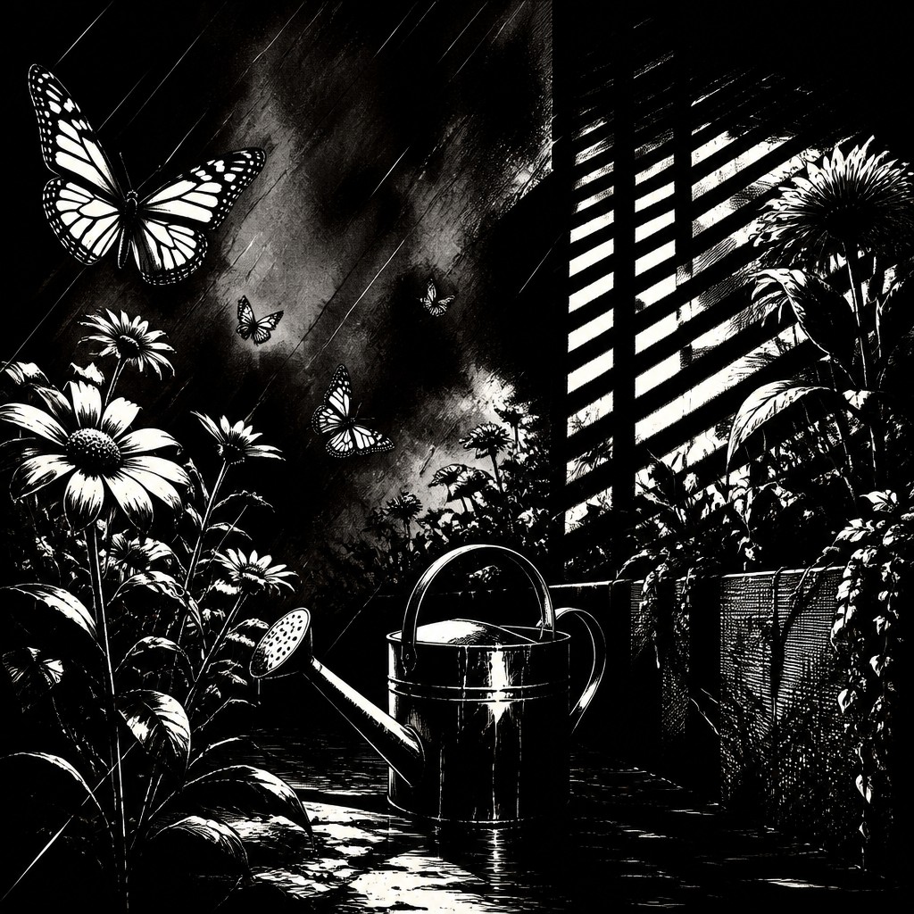 a garden scene with butterflies, flowers and a watering can, clean uncolored line art, no text