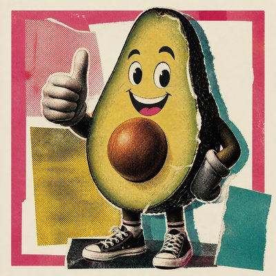 a happy avocado character giving a thumbs up, bold readable design on a plain background, no text