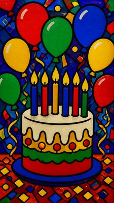 a birthday cake with lit candles surrounded by balloons and confetti, festive vertical composition, no text