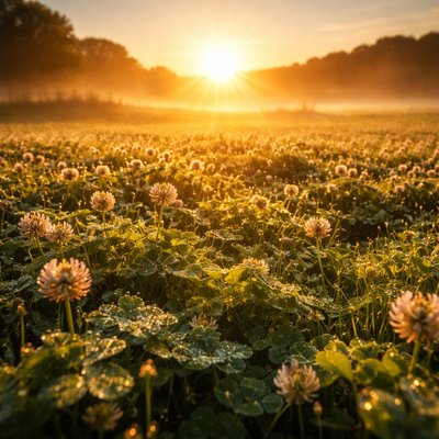 Cinematic Nature Photography, Golden Hour Backlighting, Macro Details. A breathtaking, wide-angle landscape photograph of a sprawling, lush field completely carpeted in thick  clover captured at the precise moment of sunrise.

The Light: The sun is just cresting the horizon directly ahead, casting intensely warm, golden rays of light that backlight the scene. Every individual clover leaf and flower head is rim-lit, making them appear Almost translucent and glowing against the light. Long, dramatic shadows stretch toward the viewer.

The Atmosphere & Texture: Heavy morning dew clings to every surface, creating thousands of tiny, sparkling droplets that catch the rising sun like jewels. Soft, low-lying ground mist weaves through the distant parts of the field and along an old wooden fenceline in the background, softening the horizon.

The Composition: The focus is razor-sharp in the immediate foreground, showing the intricate textures of the wet leaves and petals, while the background dissolves into a warm, hazy, golden glow. The air feels cool and fresh.