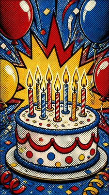 a birthday cake with lit candles surrounded by balloons and confetti, festive vertical composition, no text