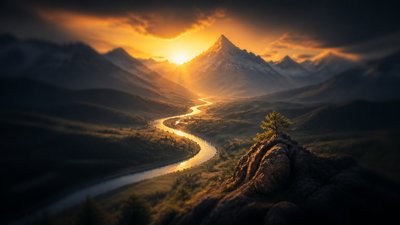 a vast valley with a river winding toward distant mountains at sunrise, no people, no text