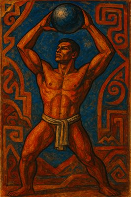 a painting of a man holding a ball above his head