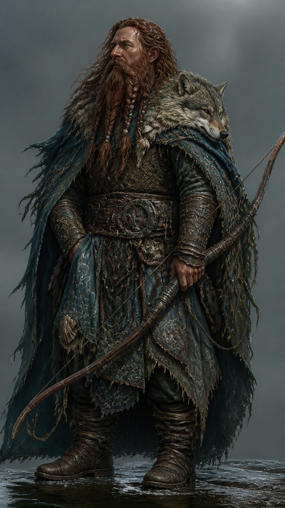 full-body original character: a dwarven ranger with a braided auburn beard, worn leather armor, a longbow and a wolf-pelt cloak, neutral background, no text