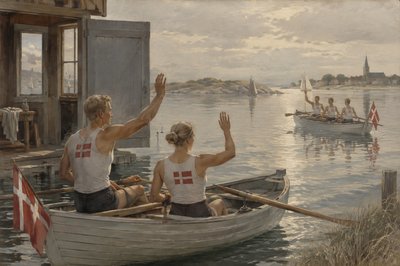 two Danish athletes waving from their boat to another boat of athletes