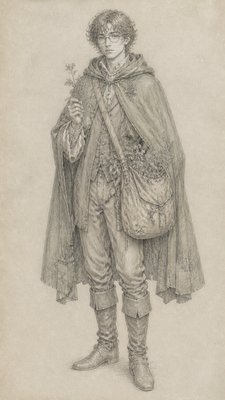 full-body original character: a wandering botanist with a satchel of plants, a patched green cloak, tall boots and round glasses, neutral background