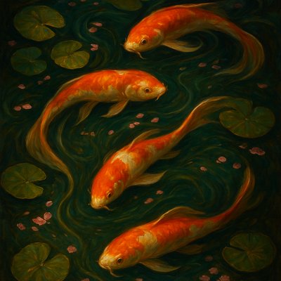 A koi pond seen from above, orange and white koi fish swimming among lily pads, clear water with subtle ripples, fallen cherry blossom petals floating on the surface, dappled sunlight