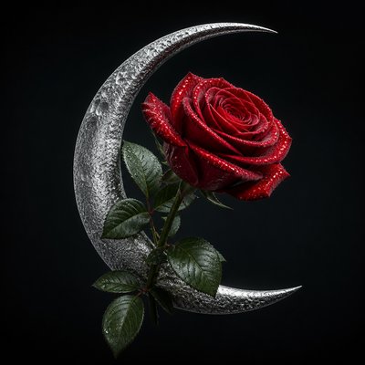 a rose entwined with a crescent moon, clean balanced composition on a plain background, no text