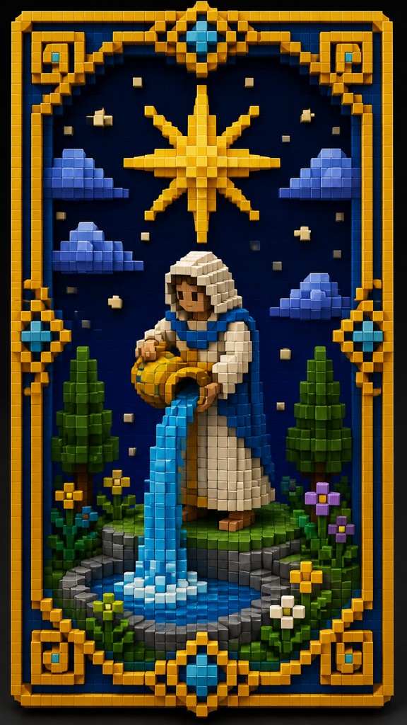 a robed figure pouring water beneath a large eight-pointed star in a night sky, symmetrical composition with an ornate decorative border, no text