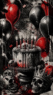 a birthday cake with lit candles surrounded by balloons and confetti, festive vertical composition, no text