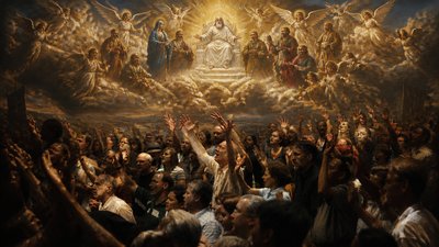 a large painting of jesus surrounded by many people