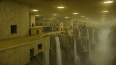 a cliffside city with waterfalls cascading into a misty canyon, wide establishing shot, no people, no text