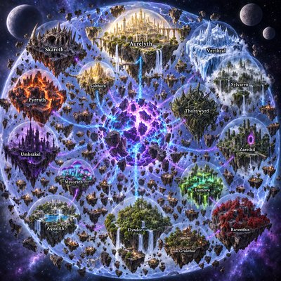 Epic fantasy map of Xylorathen, a shattered planet seen as a three-dimensional globe in deep space. A molten purple-and-blue planetary mantle glows at the center, the exposed core of a broken world, with no name on it. Bright blue and purple ley-line tethers and faint chains link every major island to the mantle. A faint spherical energy shell outlines the old planet. Three moons of different sizes orbit outside the shell. Many tiny unnamed shattered rock fragments float between the major islands; some are barren, some have camps or tiny villages. Each major island has a subtle translucent gravity dome. Islands vary in size. Labels are clean white fantasy text with dark outlines, fully readable, not warped.
Named islands:

Skaroth: barren spiked rocky island, jagged bone-like stone spires and dark caves.
Aurelyth: the largest island, a populated golden city of grand arches, streets, bridges, and living buildings.
Veythral: towering icy island of blue-white glaciers and frozen spires.
Sylvaren: pale misty forest island, soft gray-green trees and fog.
Thornwyrd: twisted dark-green thorny island of living briars.
Zarethil: green ruined-tower island with one modest purple magical rift.
Umbrakel: dark purple tower island in swirling shadow.
Soltharn: bright golden rocky peak.
Pyrrath: fiery orange-red volcanic island with lava cracks.
Mycorath: smaller compact island of vibrant glowing purple and teal giant mushrooms.
Elyndor: lush green forest island with several waterfalls.
Grukthar: much smaller forested rocky island with crude goblin structures among the trees.
Aqualith: small waterfall island with a bright blue lake, short cascades, and tiny cliff cities.
Raventhis: rocky island covered in dense crimson autumn forest.
Lumora: floating island of glowing green swamp and bioluminescent pools.

Cinematic lighting, sharp detail, no blur, no duplicate labels, no tentacle monsters, no text other than the island names.