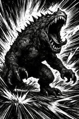 a black and white drawing of a godzilla