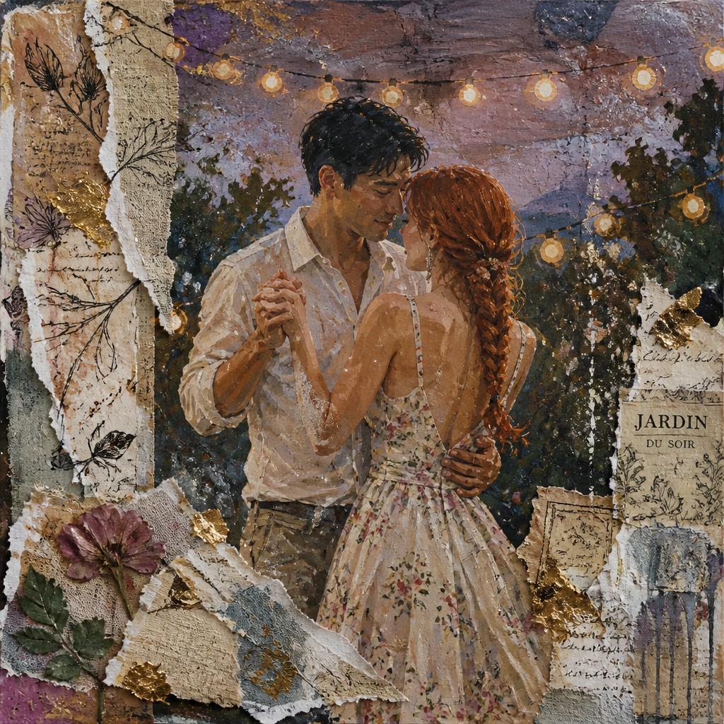 an original couple dancing under string lights in a garden at dusk: a man with short black hair in a linen shirt and a woman with braided red hair in a summer dress