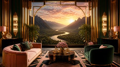 a vast valley with a river winding toward distant mountains at sunrise, no people, no text