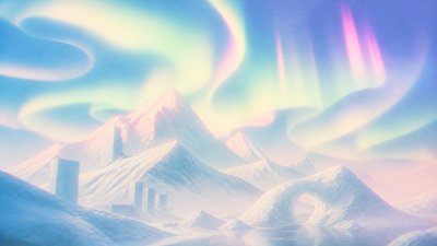 a flowing aurora over snowy peaks, wide sweeping composition, no people, no text