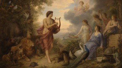 walking in the forest the ignudi Orpheus plays the lyre and charms the birds and animals