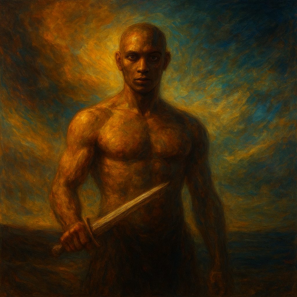 a painting of a man holding a knife