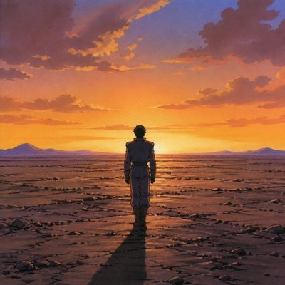 a solitary figure walking toward a glowing horizon across an empty plain, moody atmosphere, no text or lettering