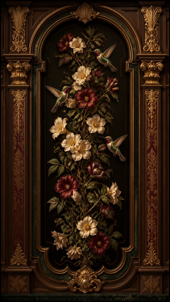 a climbing vine of flowers and hummingbirds on a dark background, tall wrapping composition, no text