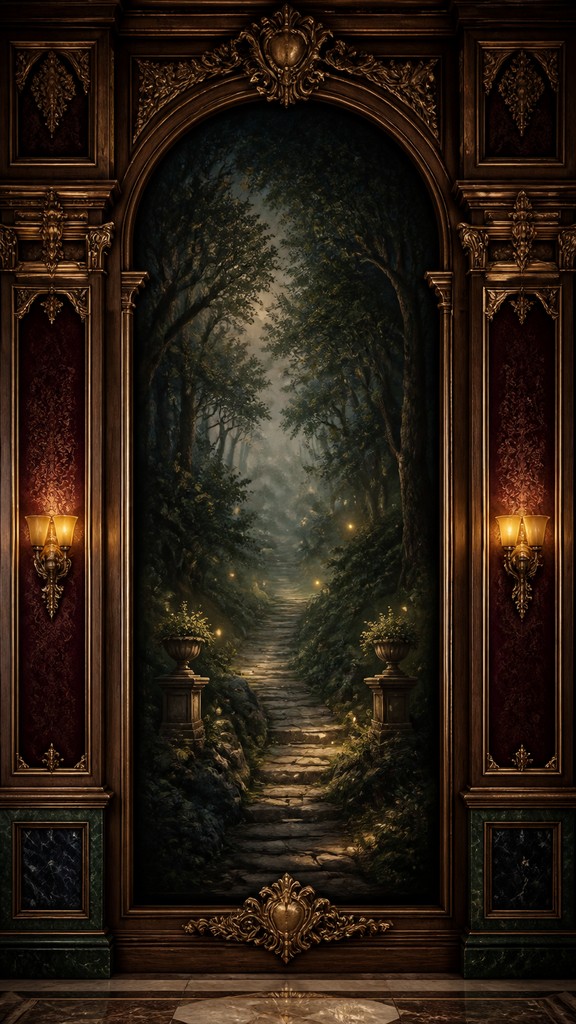 a mysterious forest path with fireflies and drifting mist, atmospheric vertical composition with open space at the top, no text