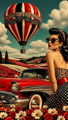 a hot air balloon drifting over rolling flower fields on a sunny day, cheerful, no text