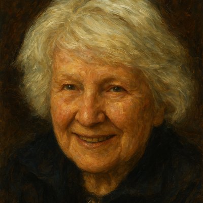 a painting of an older woman smiling